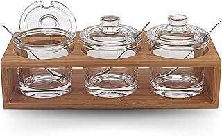 Badash Crystal Glass Jar Set - 10-Piece Glass Jars with Lids, Spoons, and Wood Stand for Jam, Honey, Spice, or Condiments - Ideal for Salad Dressing & Sauce