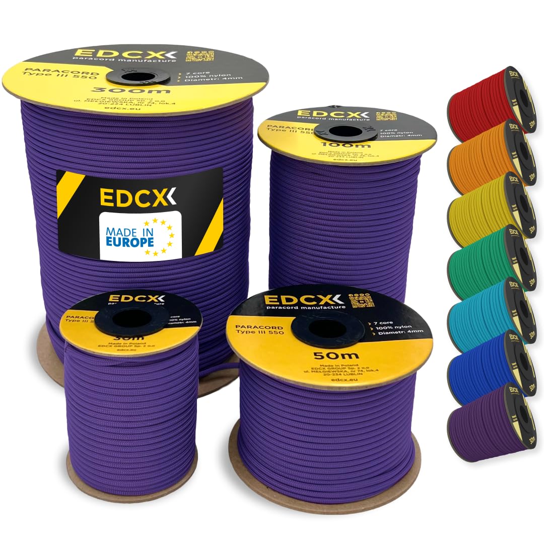 4mm Nylon Paracord 550 30, 50, 100, 300m (100-1000 Piedi) - Tipo III, Corda 100% Nylon, Corda 7 Fili, Corda Nylon 4mm in Tinta Unita