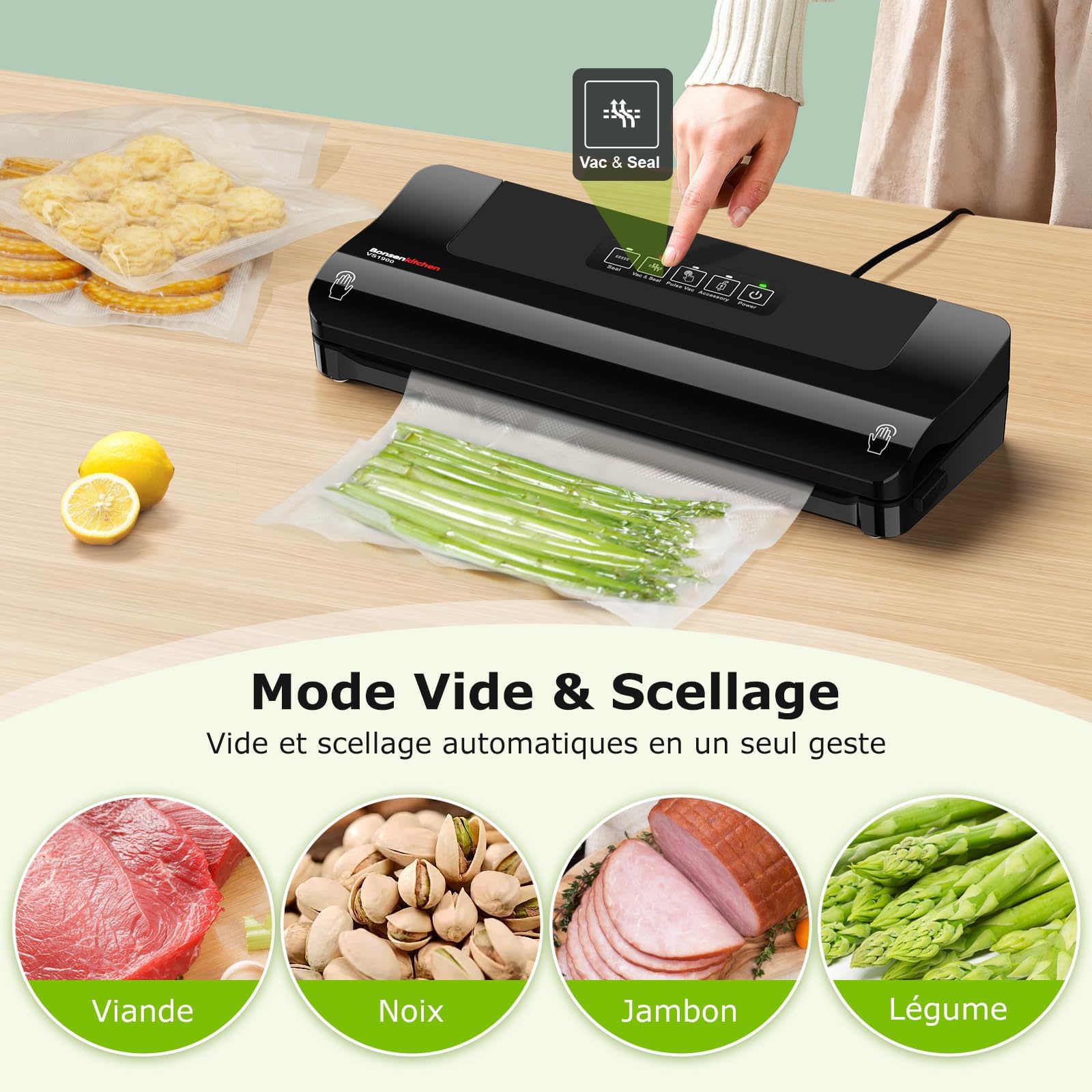 Bonsenkitchen Machine sous vide alimentaire – Appareil compact multifonction avec 4 modes, 5 sacs sous vide et tuyau d’aspiration pour conserve sous vide maison