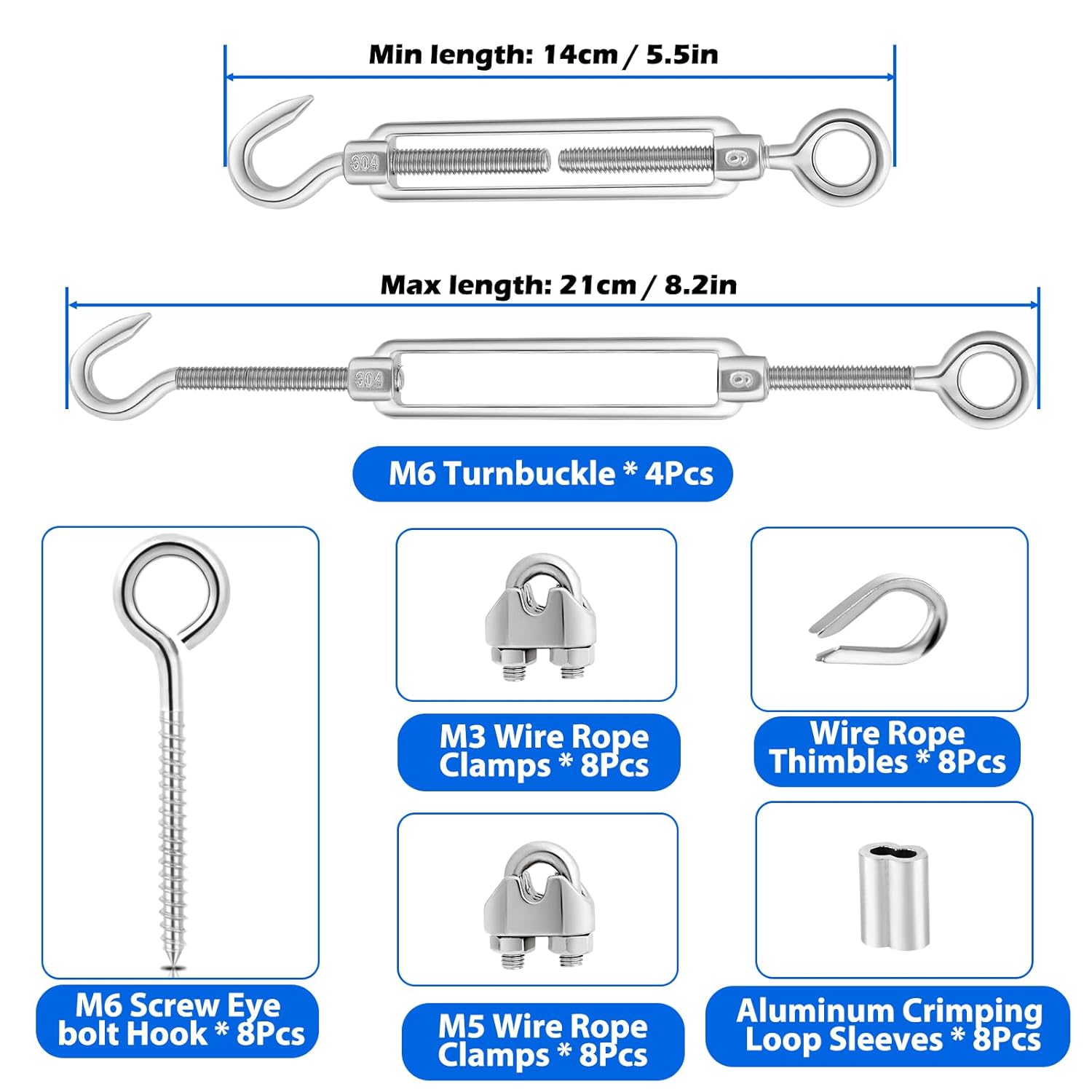 TooTaci 3/16 Wire Rope Kit, 200ft Vinyl Coated Stainless Steel Cable(1/8 Steel Core Overmolded to 3/16 Coated Cable), M6 Turnbuckles for Cables Wire, String Light Hanging, Deck Railing, Shade Sail