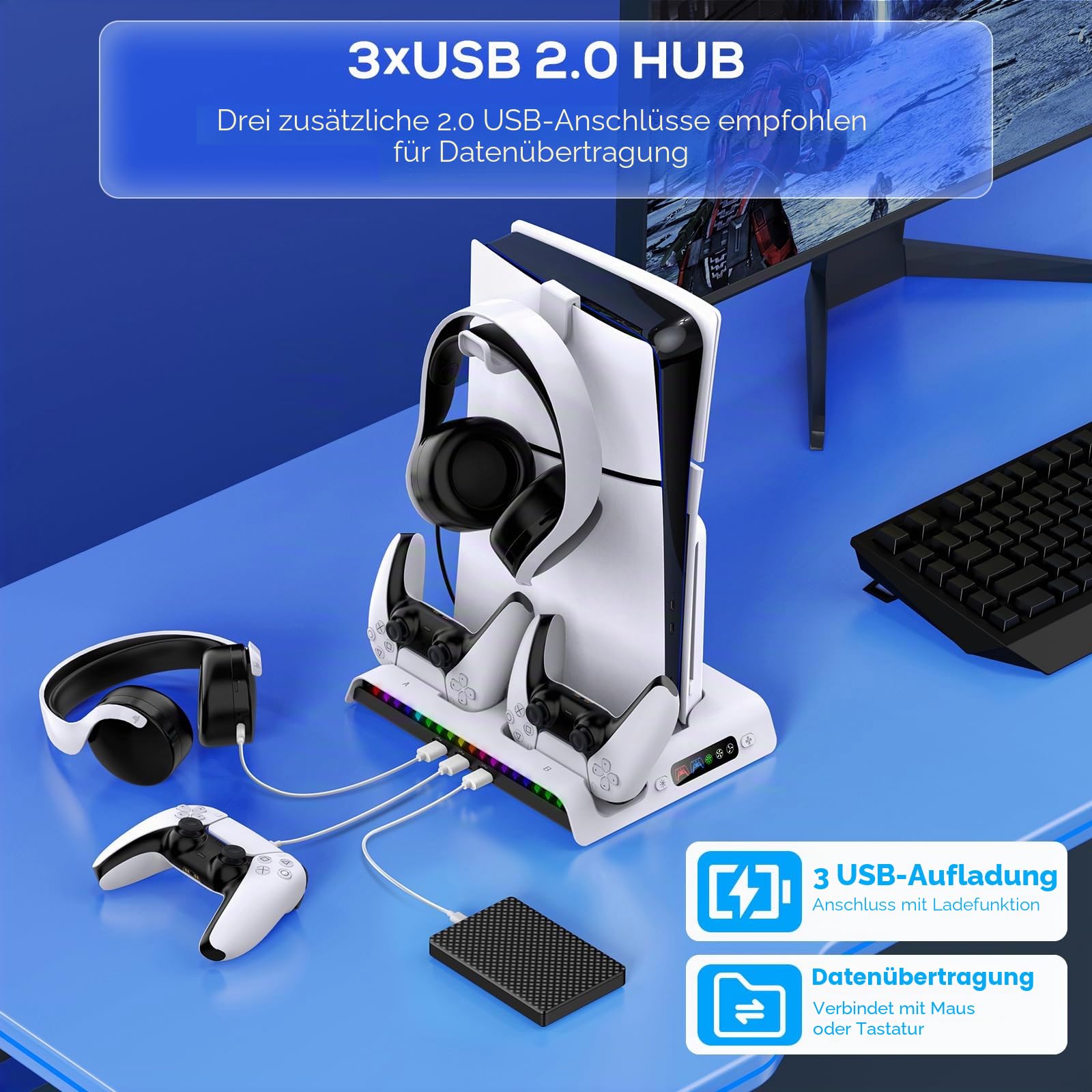 FYOUNG Vertikaler Standfuß für PS5 Slim Konsole mit Lüfter &Controller Ladestation, Multifunktionale Kühlung Ständer für PlayStation 5 Slim Zubehör mit 9RGB Licht (Nur für PS5 Slim)
