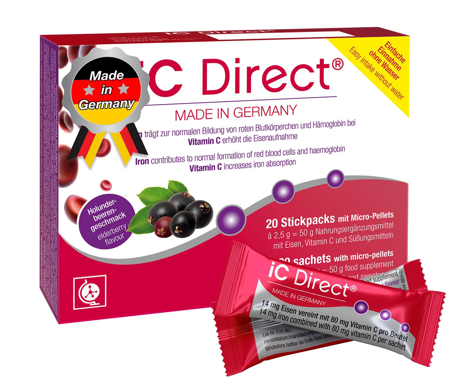 T&D iC Direct Iron Stickpack 20pk Elderberry Flavor No Water No Metal Taste Sweet Elderberry 0.09 Ounce (Pack of 20)