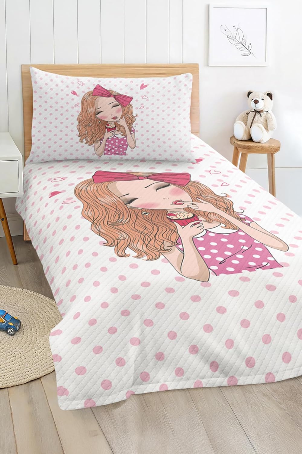 SODEF Bedding Set Pink Dots Design, Single Size Quilt Set for Kids and Teens Room, Bedspread, Fade Resistant, Cotton Polyester Blend, Multicolor - Multicolor, One Size