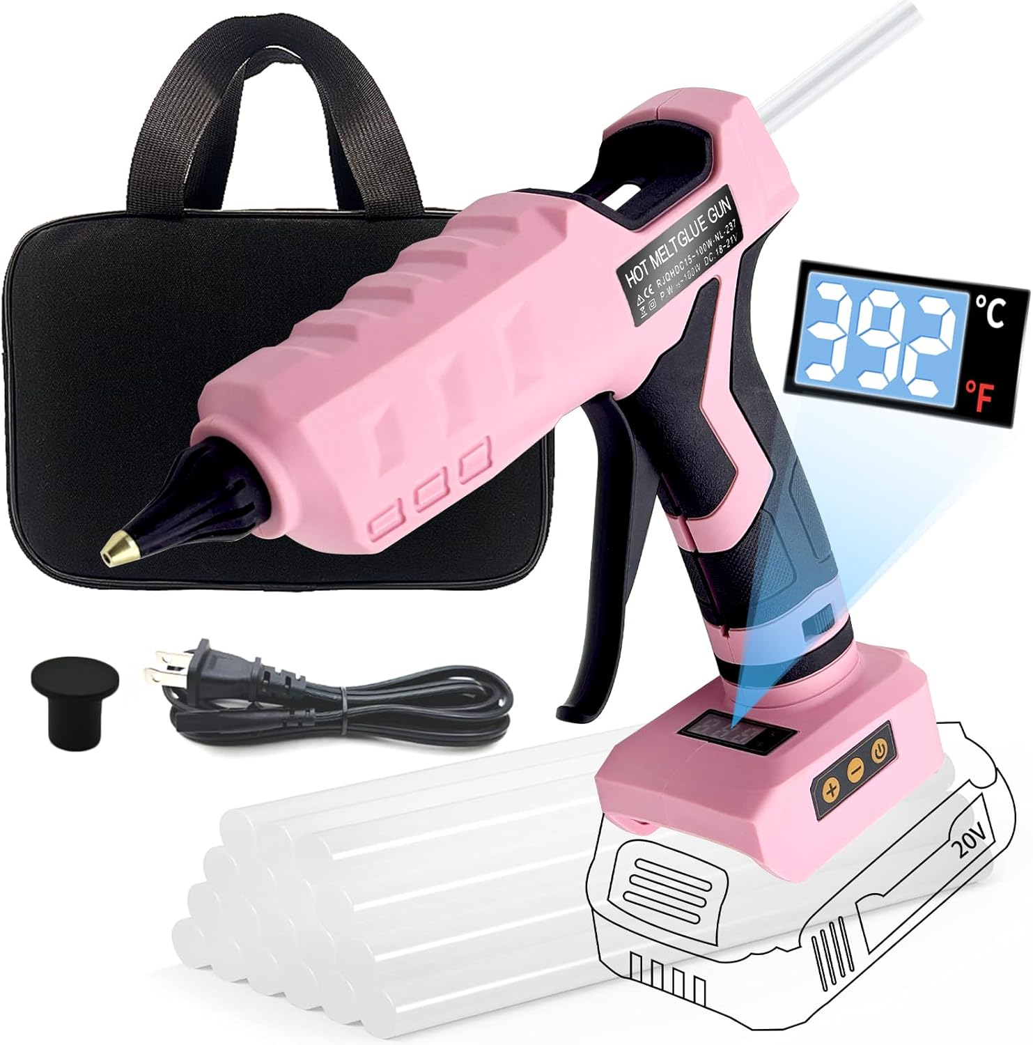 100W Cordless Hot Glue Gun for Dewalt 20V MAX Battery with 20PCS Full Size Glue Sticks, Digital Temperature Adjustable High Temp Glue Gun for Arts Crafts DIY Home Repair(Tools only)