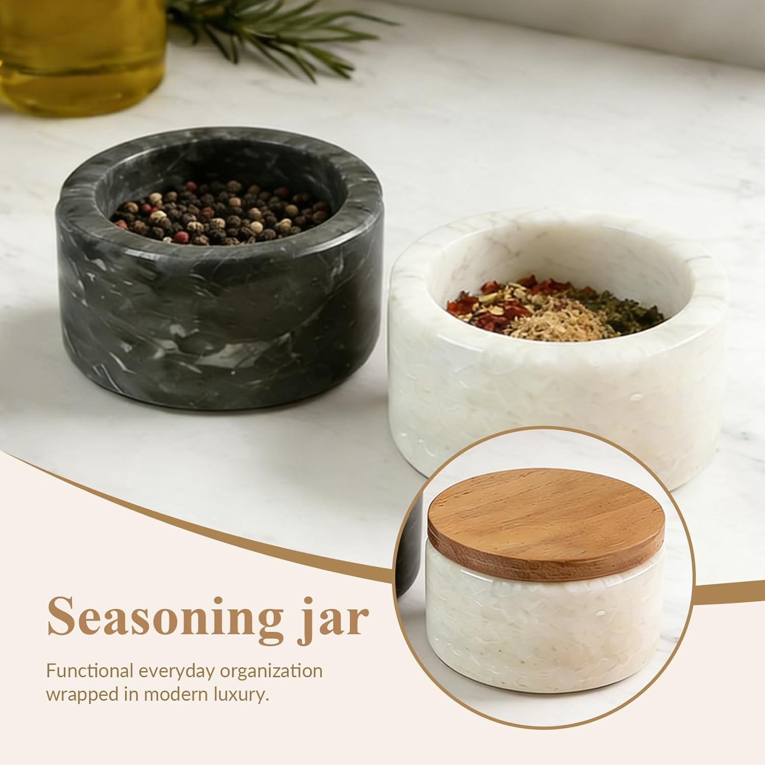 Marble Salt and Pepper Bowls,2Pcs Handcrafted Solid Marble Salt and Pepper shakers with Lids and Spoons, Stackable Spice Containers for Kitchen Counter Decor