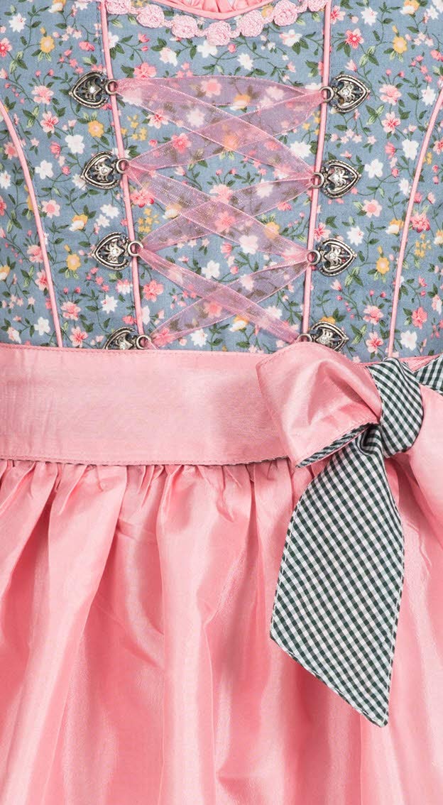 Nübler Dirndl Mädchen Nicky - 3-teiliges Set mit Dirndlkleid, Trachtenbluse & Schürze im traditionellen Stil - Original bayerische Tracht, Hochwertige Qualität, Blau-Rosa