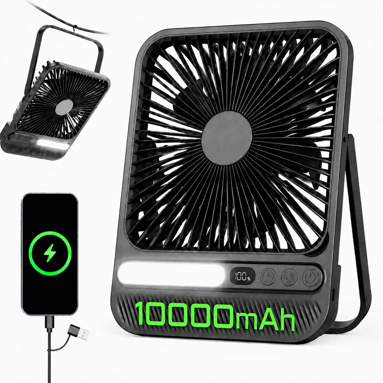 Ventilador portátil de 10000 mAh, 28 horas de autonomía, 4 velocidades, temporizador de 2 a 8 horas, indicador LED, USB-C, para oficina, camping y viajes
