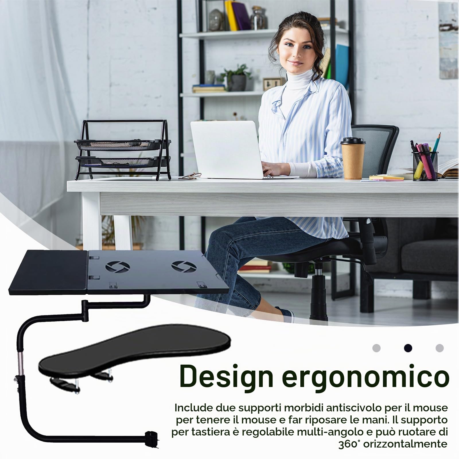 Supporto Per Tastiera, Vassoio Per Tastiera Morsetto Per Sedia Regolabile A 360° Con Tappetino Per Mouse Ventola USB Morsetto Per Albero Della Sedia In Acciaio Inossidabile Supporto Per Tastiera Pigro