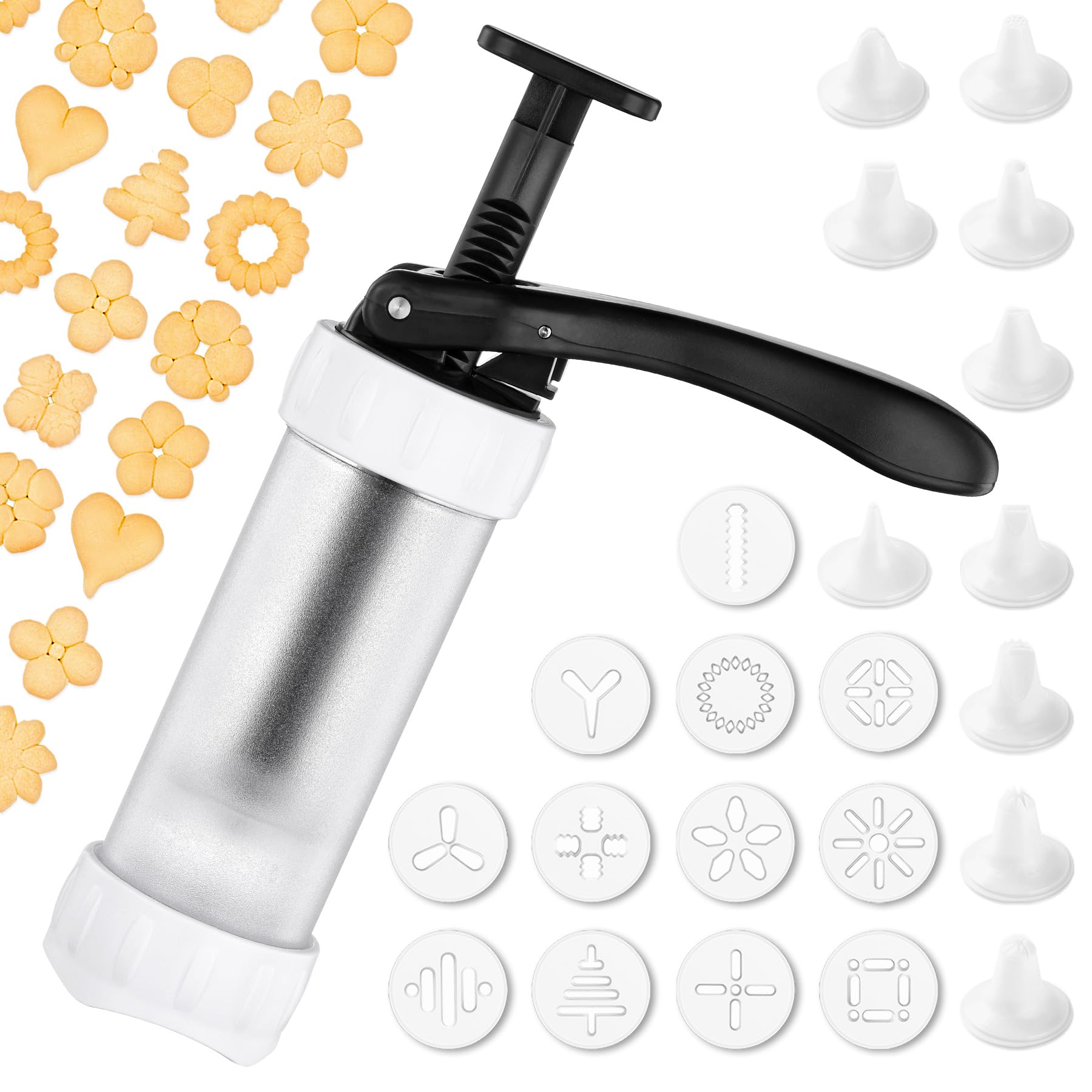 Cookie Press Set, Churro Maker with 12 Discs and 10 Cake Decorating Tips, Cookie Press for Biscuit and Churro, White