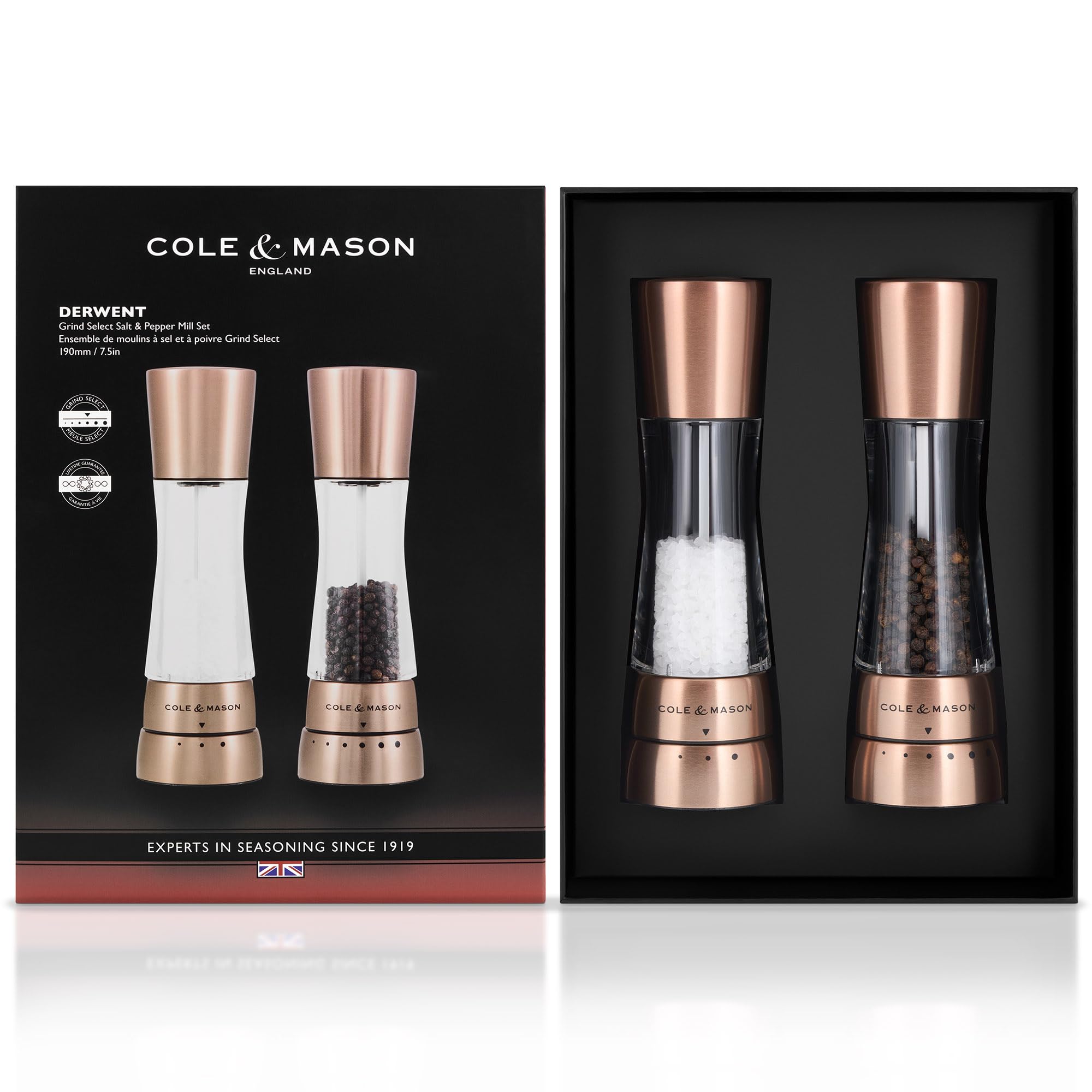 Cole & Mason Derwent Cobre Molinillos de Sal y Pimienta, Molinillo Especias, Juego de Molinillos con Grosor Ajustable, Acero Inoxidable/Acrílico, 190mm, H59418G