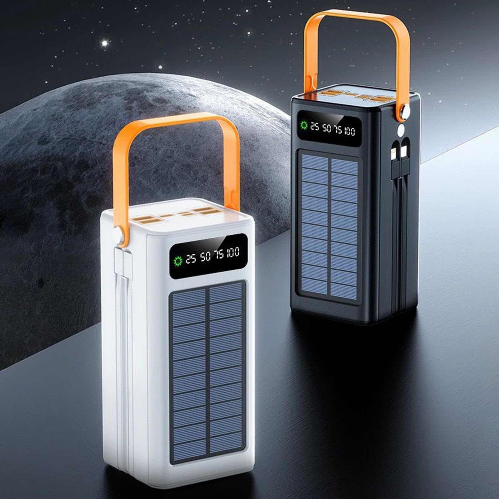 2 Piezas Cargador Solar Portátil, Carga Rápida 120W, Powerbank 50000mAh con Cables Integrados Luz, 4 Salidas 3 Entradas Powerbank para Camping Senderismo Viaje