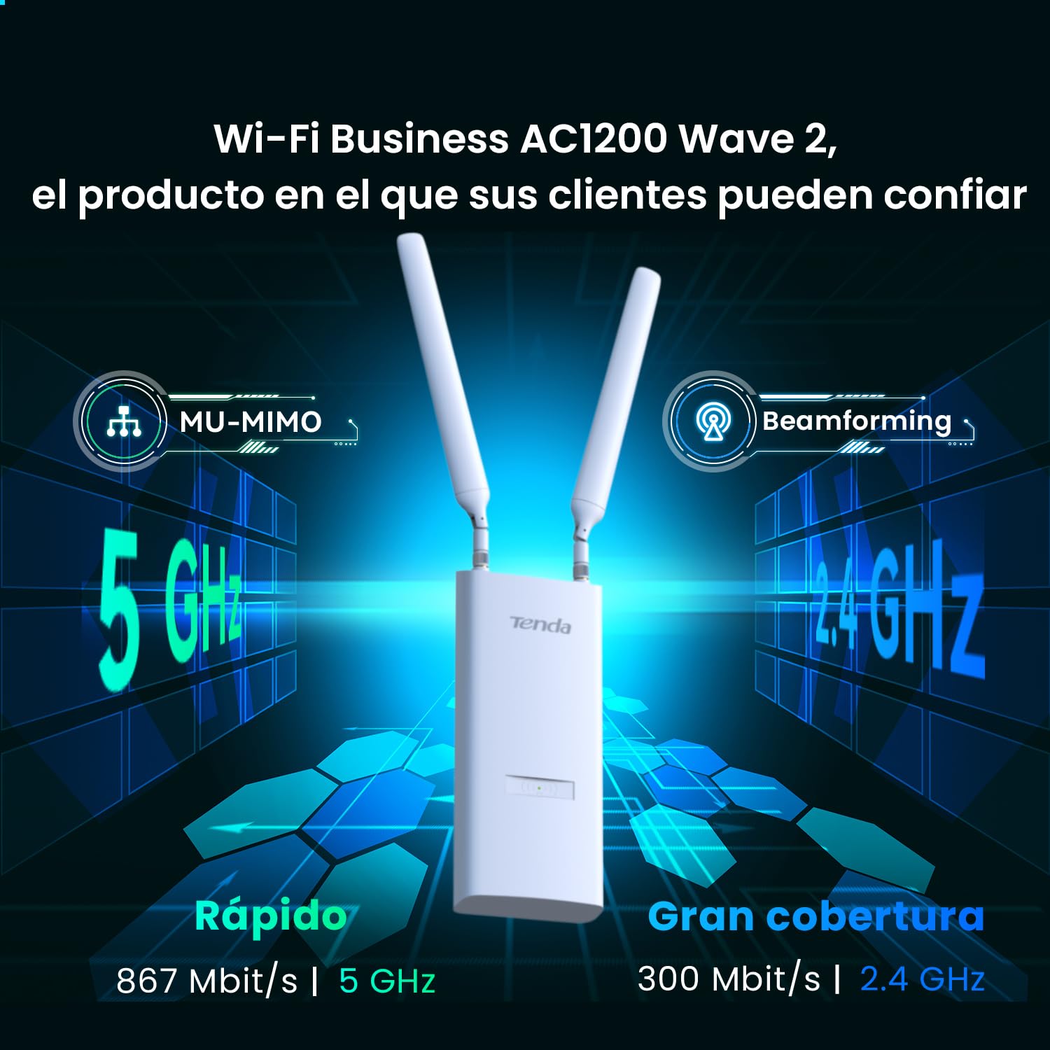 Tenda OAP1200 AC1200 Punto de Acceso Inalámbrico Gigabit para Exteriores, Doble Banda, Soporta PoE 802.3at/PoE Pasivo, Montaje en Pared/Poste, IP65 Resistente al Agua, MU-MIMO, Modos Ap/Repetidor