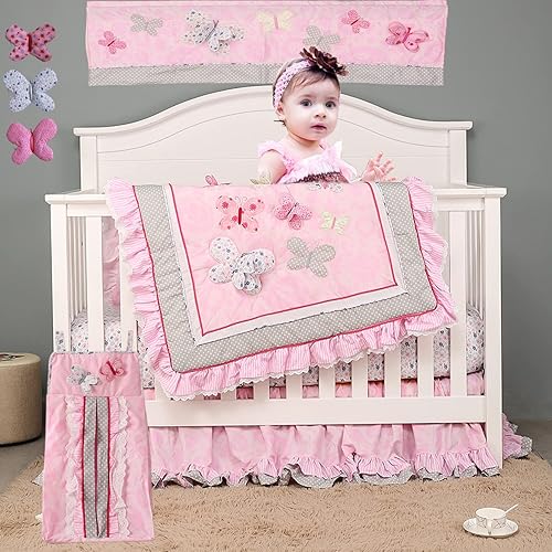 BPS9001 - Juego de ropa de cama para cuna de bebé, 9 piezas, color rosa rubor, bordado 3D, mariposa, para cuna, 28 x 52 pulgadas
