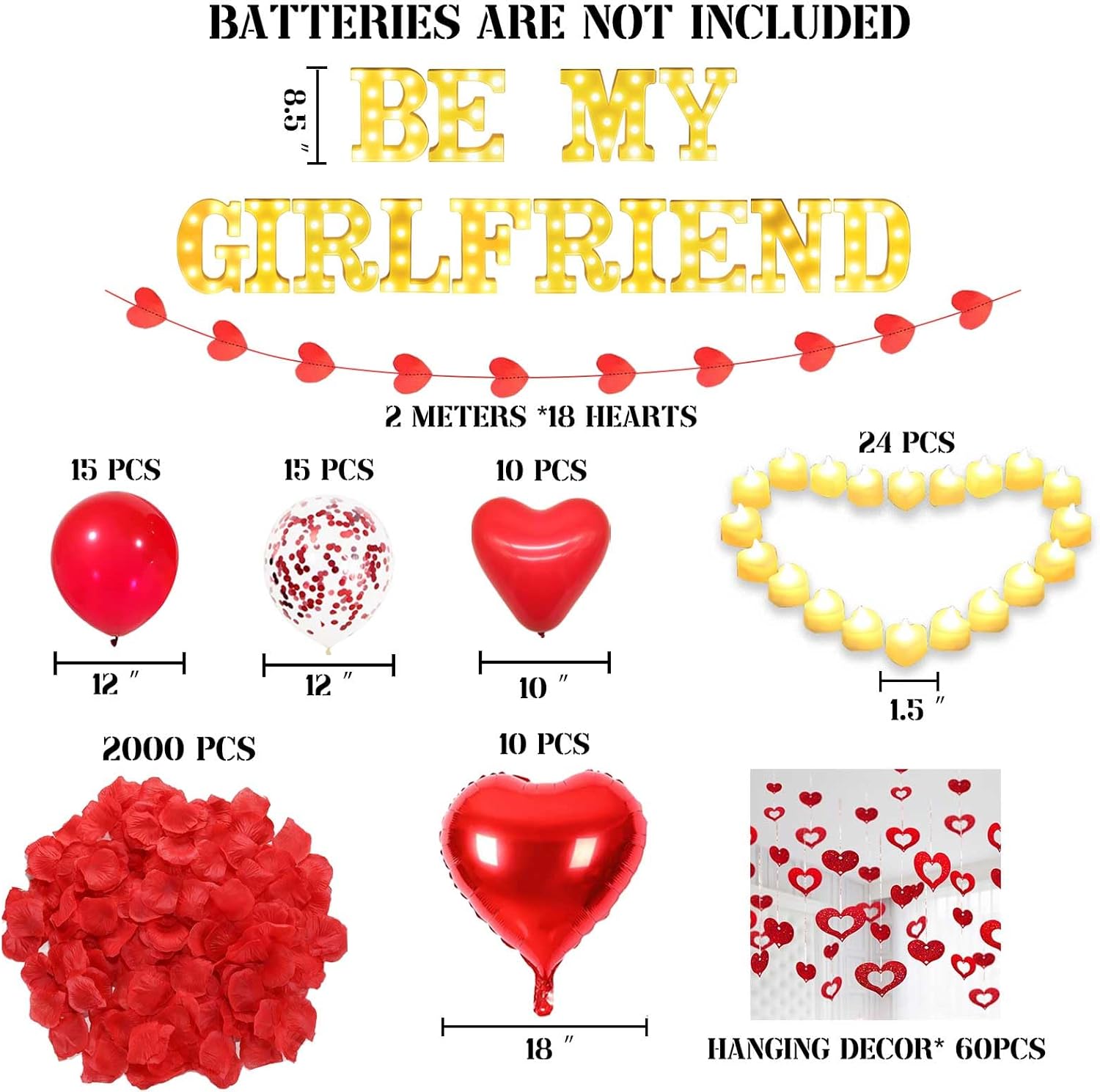 Be My Girlfriend Light Up Letters Proposal Decorations, 14Pcs 6.3" Letter Signs with 24Pcs Flameless Candles 2000Pcs Red Artificial Rose Petals 45Pcs Latex Balloons 10Pcs Heart Balloon Valentine's Day