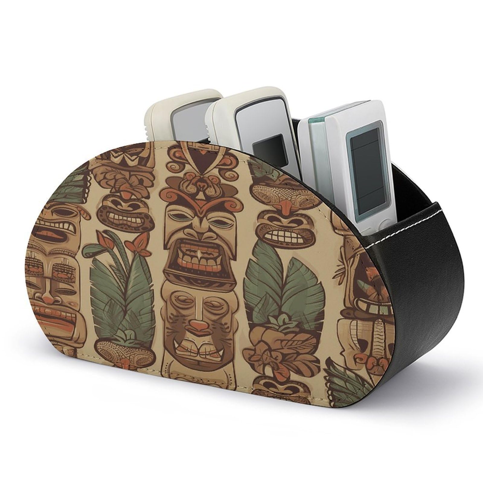 FekiLoot Vintage Aloha Tiki Remote Control Holder, PU Leather Remote Control Organizer Box Stationery Remote Control Box Desk Storage Organizer for DVDs,Glasses,Pens,Media Players
