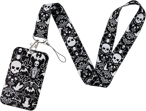 BKBKAAK Cordón de calavera genial para insignias de identificación esqueleto gótico cordón de cuello sedoso con soporte de identificación llaveros