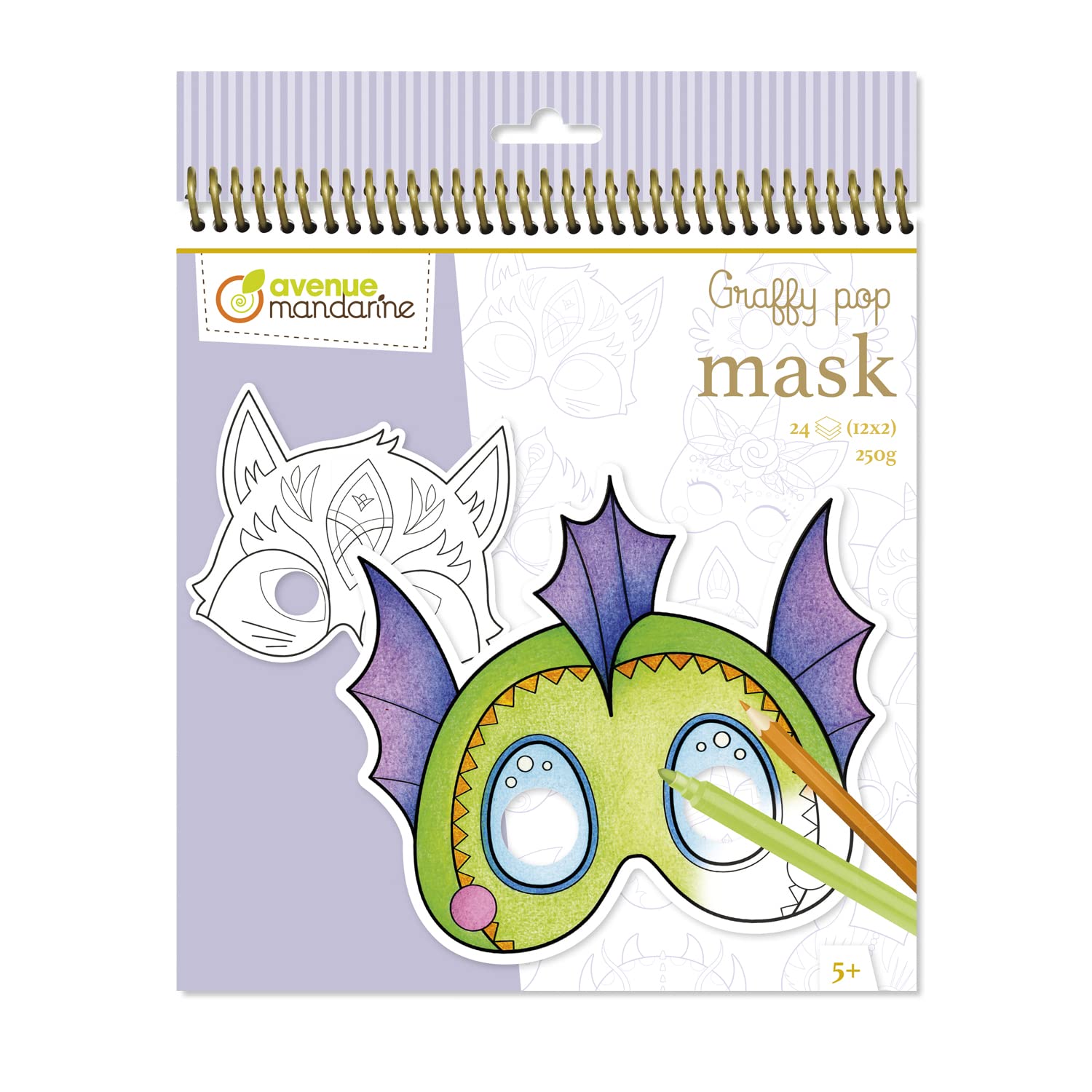 Clairefontaine ES Avenue Mandarine GY138C Cuaderno Espiral Graffy Pop Mask, Animales Fantásticos, 24 Máscaras para Colorear Precortadas, a Partir de 5 Años, Papel Clairefontaine ES Certificado PEFC