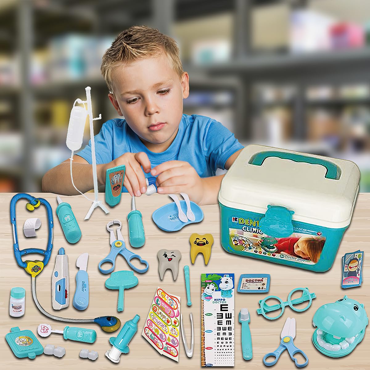 Koolbitz 38Pcs Dentist Toys for Kids Pretend Doctor Set including Dentist Kit and Dental Play Case, Hippo Teeth Model - Image 9