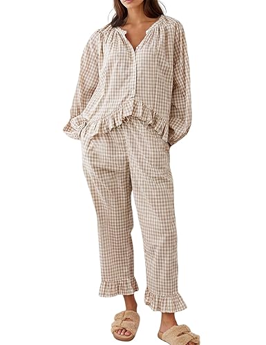 Gihuo Womens Gingham Pajama Sets Plaid Cotton Pjs Ruffle Babydoll