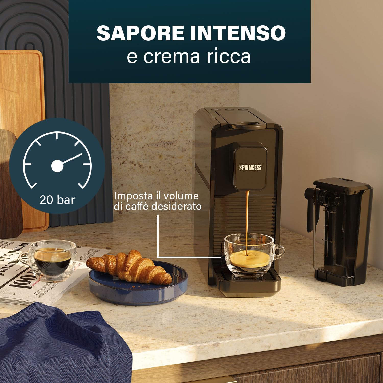 Princess Capsule and Latte Pro Macchina da Caffè a Capsule, Compatibile Nespresso, Latte Automatico, 20 Bar, 1400W, BPA Free, Parti Lavabili, Spegnimento Automatico, 01.249455.01.001
