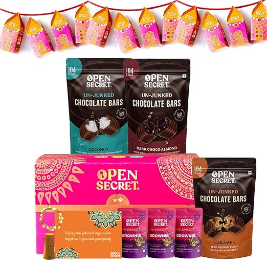 Open Secret Snacks Gifts Hamper Box| Dark Caramel Coconut Chocolate, Brownie, Assorted Cookies Biscuits, Lights Lantern, Card | Healthy Snacks Combo