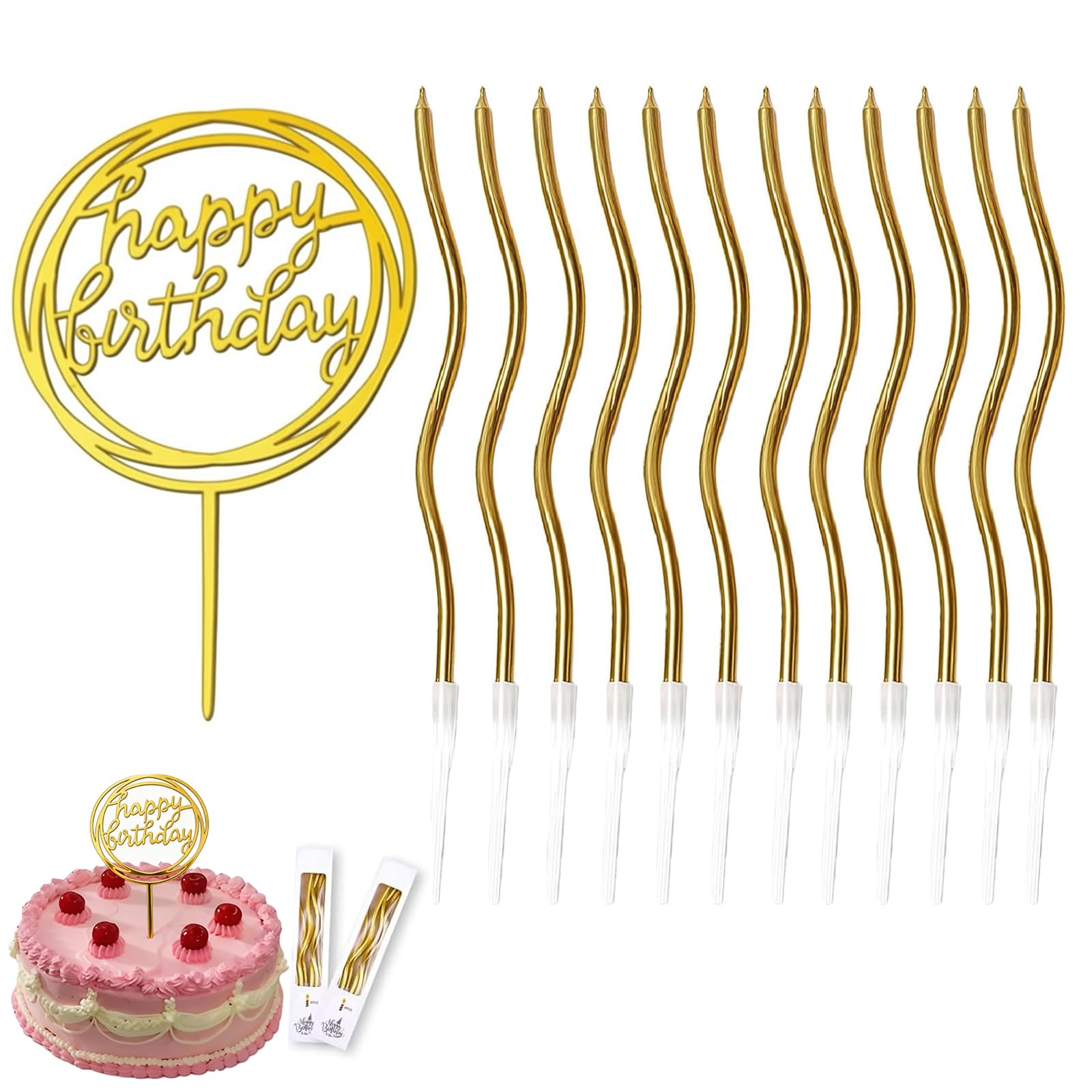 13 PCS Gold Birthday Cake Candles Kit, Birthday Candles for Cakes Spiral Patterns and Gold Happy Birthdays Cake Topper, Suitable for Birthdays Parties and Family Celebrations