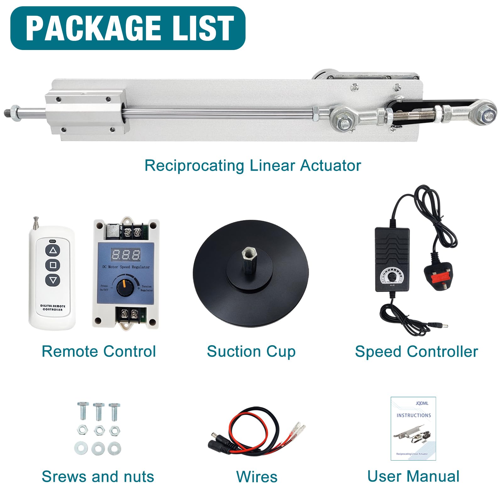 JQDML Actuador lineal alternativo de bricolaje CC 24 V 120 RPM de alto par de carrera de 1.2 a 6 pulgadas, motor telescópico ajustable con controlador de velocidad, ventosa y control remoto