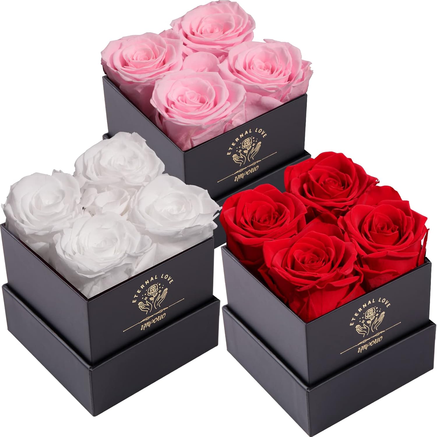 Impouo Preserved Roses Pink +Red + White Bundle, Flowers for Delivery Prime - Roses in a Box - Real Roses That Last a Year - Fresh Flowers - Unique Gifts for Women, Mothers Day, Valentine’s Day