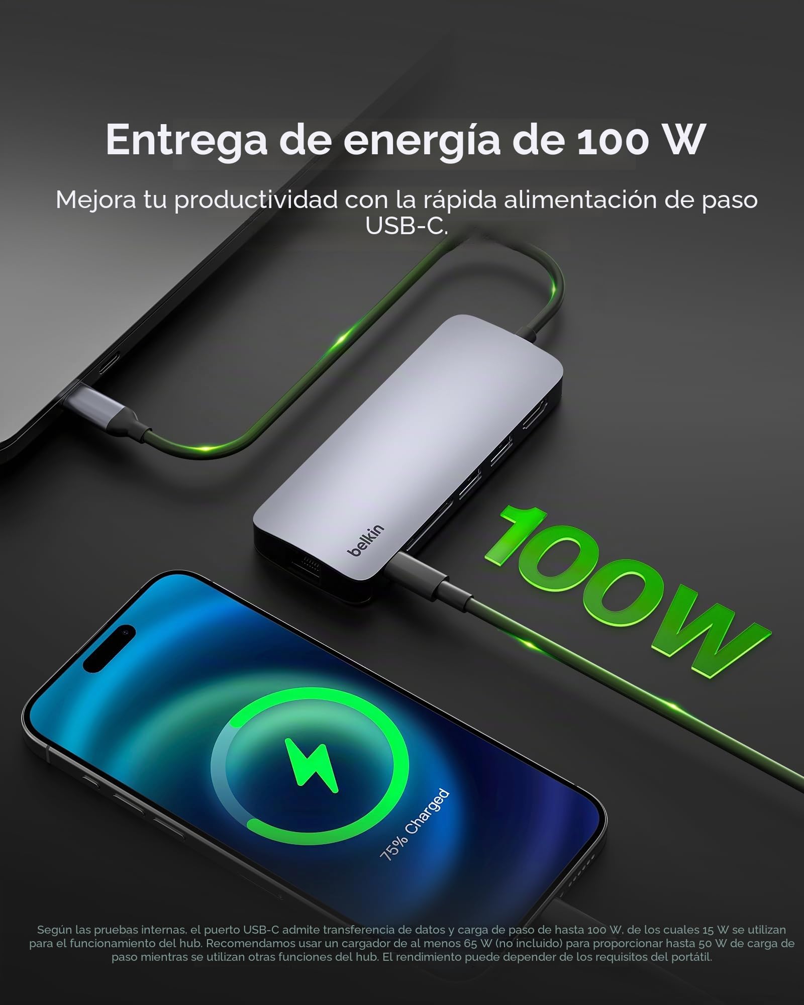 Belkin Hub USB-C: Base Adaptador multipuerto 6 en 1 con HDMI 4K, Carga de Paso PD USB-C de 100 W, 2 Puertos USB-A, Puertos Gigabit Ethernet y Ranura SD para MacBook Pro, Air, iPad, Pro, XPS y más