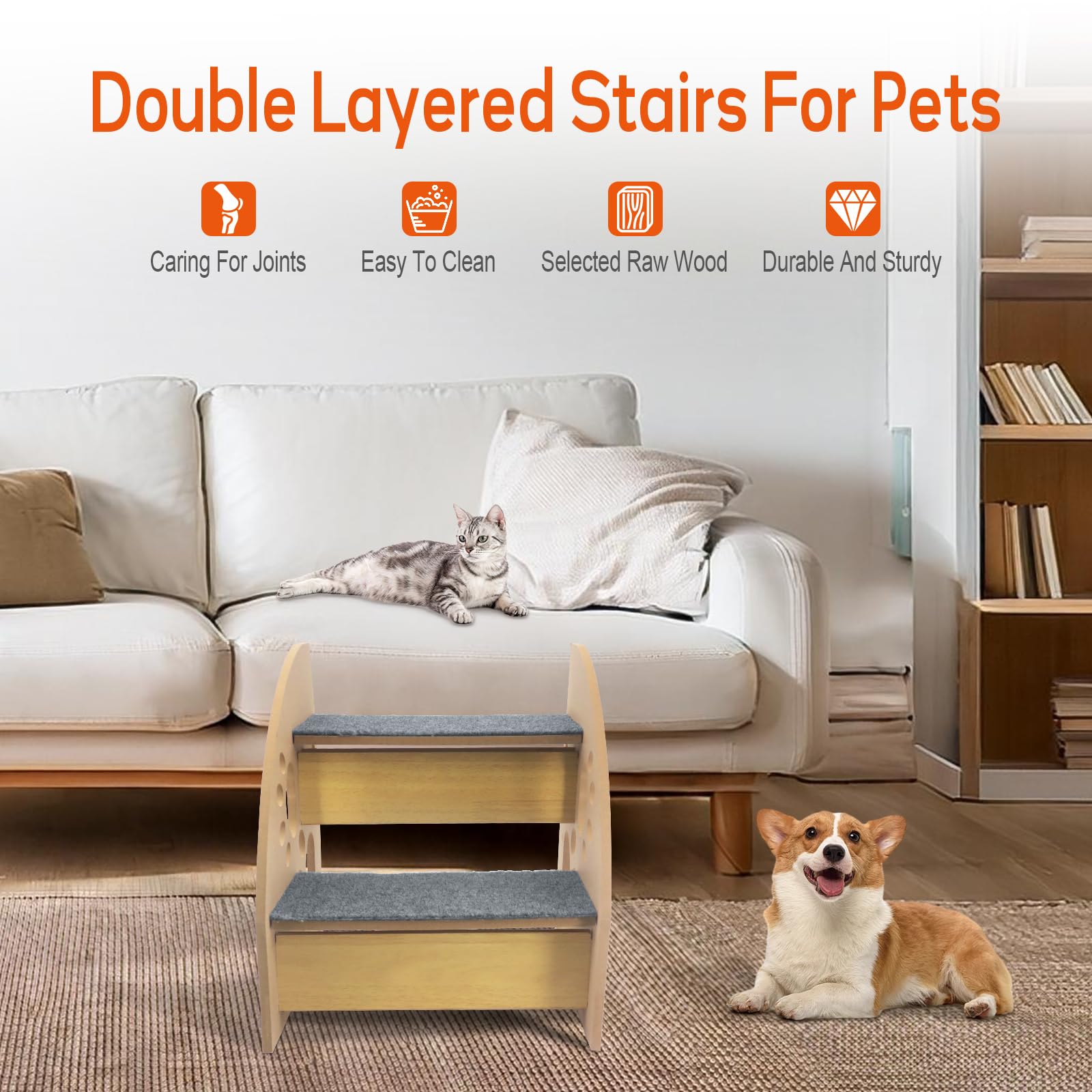 Escalones para perros para cama, escaleras de madera para mascotas para sofá y cama, rampa para perros para acceso al sofá, escalones para mascotas para gatos y perros mayores