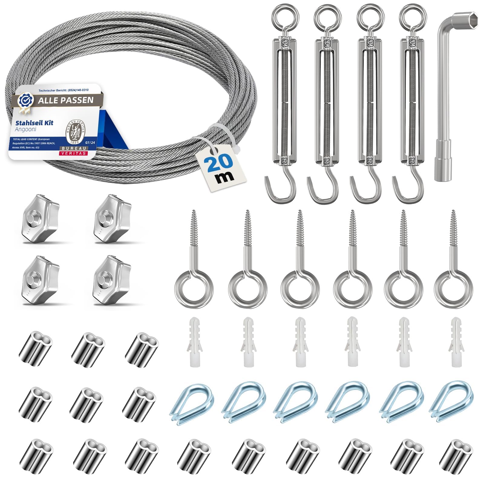 Angooni Lot de câbles en acier de 20 m, câble métallique épais de 3 mm, tendeur de câble M5, tendeur de câble en acier inoxydable, crochet mural M5, câble en acier avec œillets, tuteurs pour plantes
