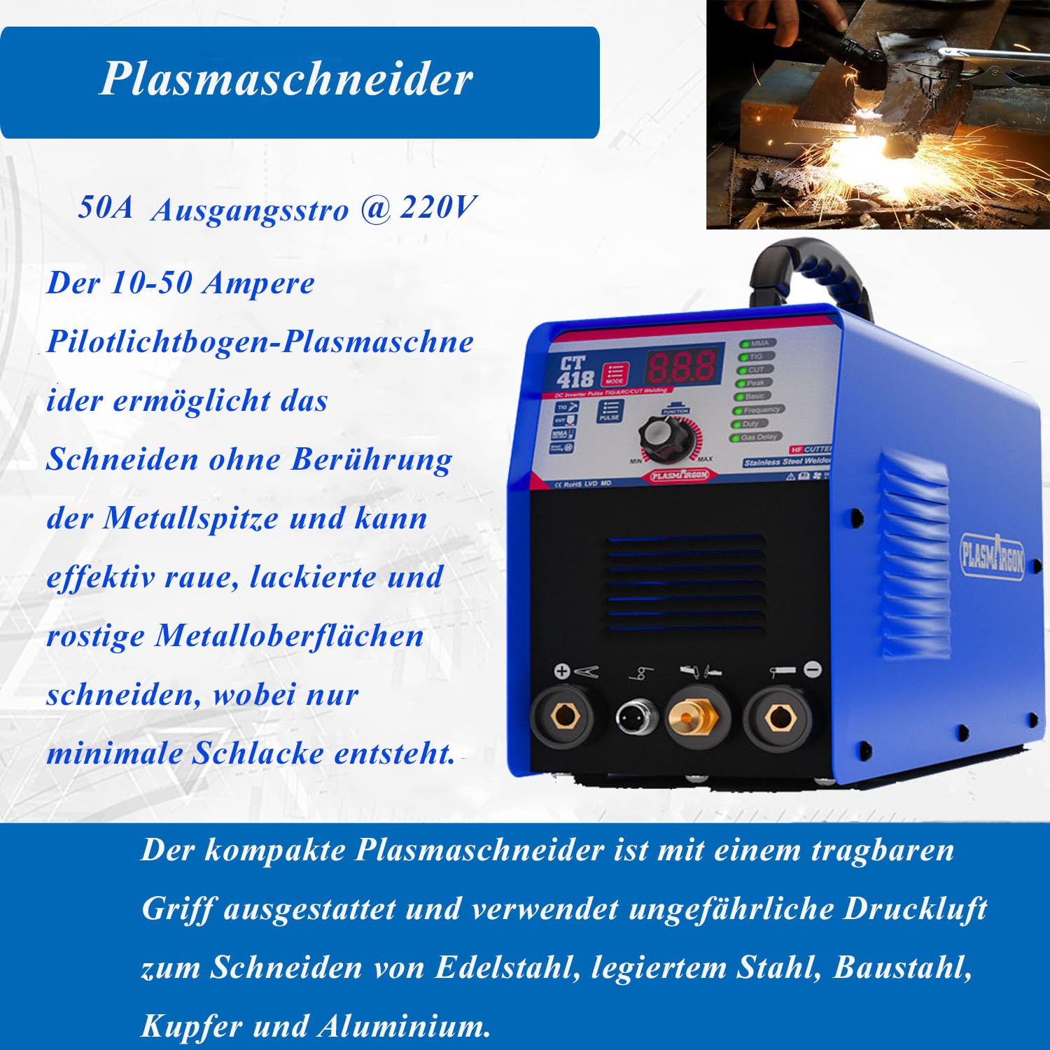 3 in 1 Combo Pilot Arc Plasmaschneider WIG Schweißgerät MMA Wechselrichter Kombischweißgerät Plasmaschneider TIG MMA | IGBT | Digitale LCD Anzeige | HF-Zündung CT418P