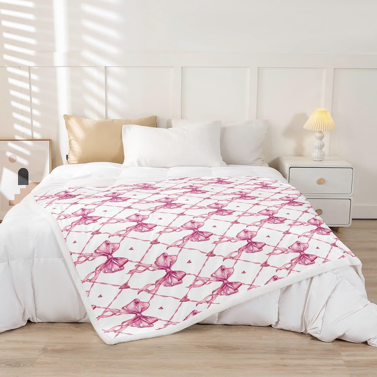 Feelyou Bow Fleece Throw - Queen 90"x90" Sherpa Blanket for Girls & Boys - Cute Bowknot Plush - Kawaii Pink Fuzzy Blanket for Bedroom