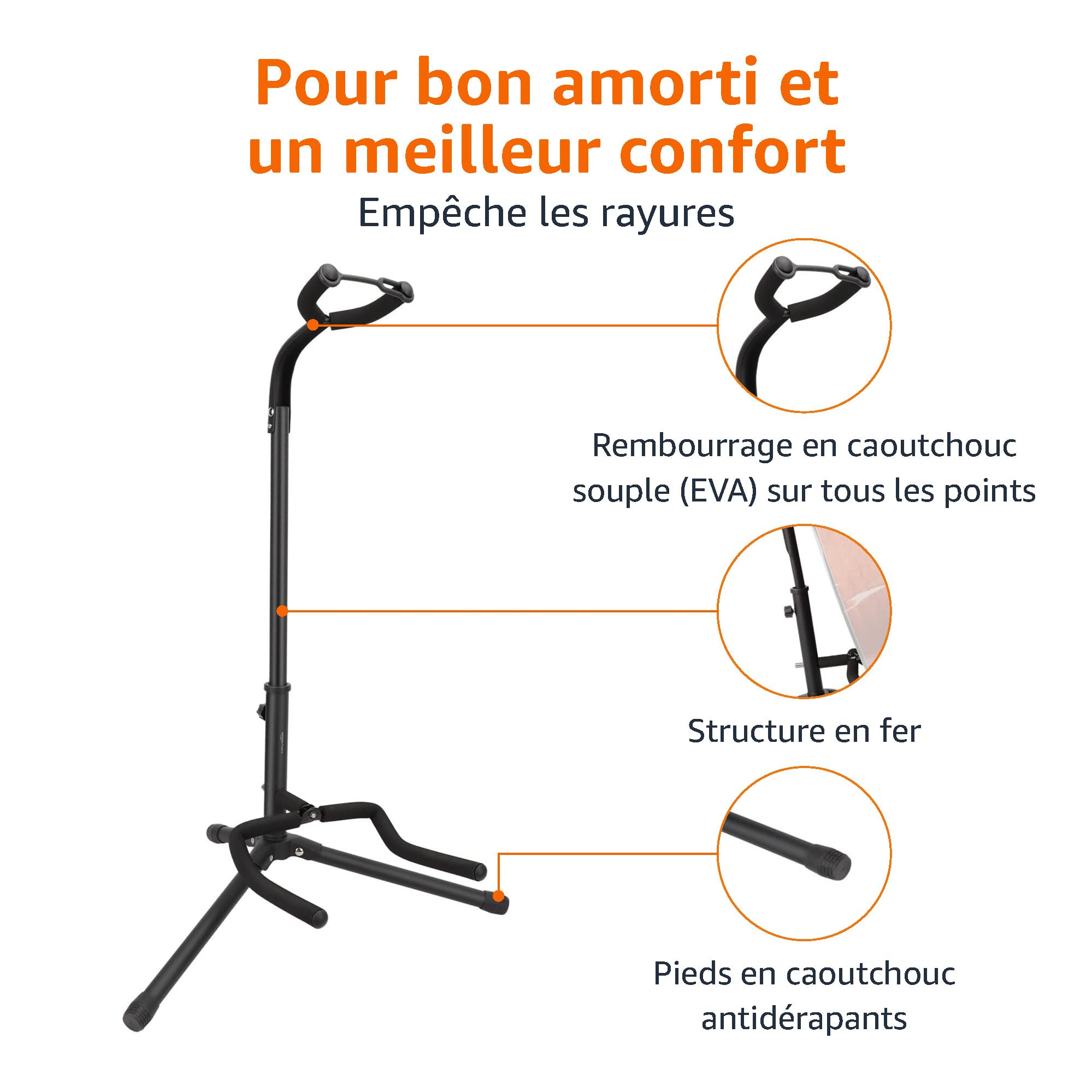 Amazon Basics Support de Guitare Pliable Portable, Conception Légère à Trépied avec Revêtement Antidérapant, Hauteur Réglable, pour Guitares Acoustiques, Électriques et Basses, Noir