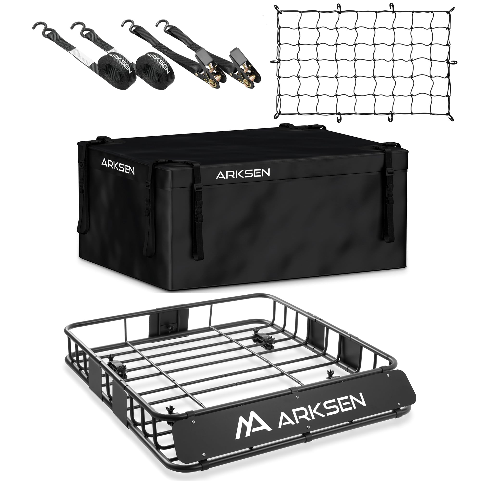 ARKSEN 43 x 39 x 6 Inch Universal 150LB Heavy Duty Roof Rack Cargo with 500D Waterproof Cargo Bag, Cargo Net & Ratchet Straps, Car Top Luggage Holder