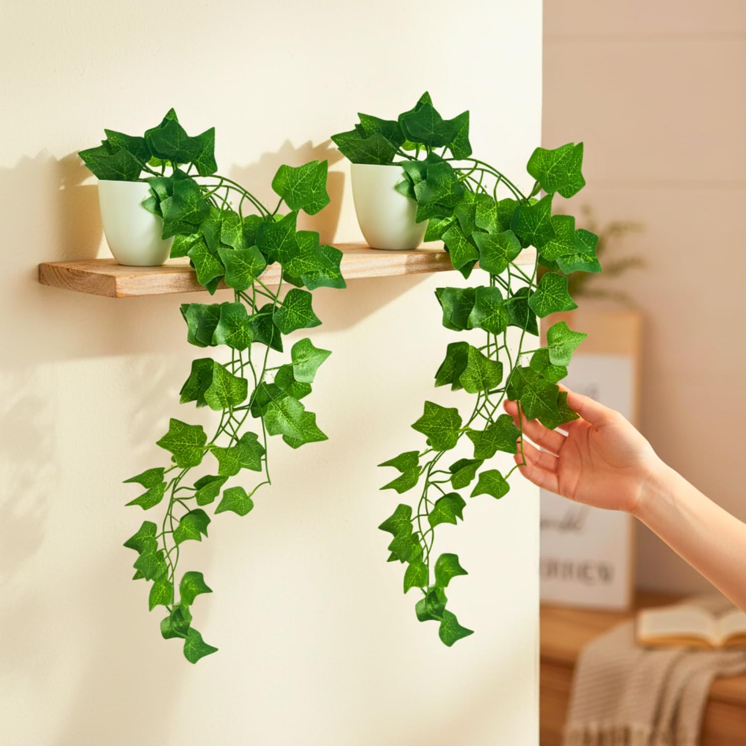 fancymart Artificial Ivy Vine Hanging Plants with Pot, Plastic, Green, 45 cm, Pack of 2, Home and Office Decoration