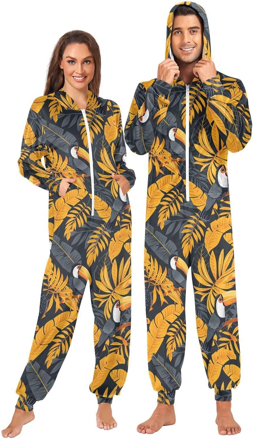 ZZKKO Yellow Billed Parrot Adult Onesie Pajamas for Women Men Cozy One Piece Pajamas Costume Zip-Up Hooded S-XL