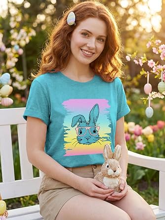 Easter Shirts for Women Happy Easter Bunny with Glasses Tshirt Leopard Bow Bunny Blouse Holiday Graphic Tees