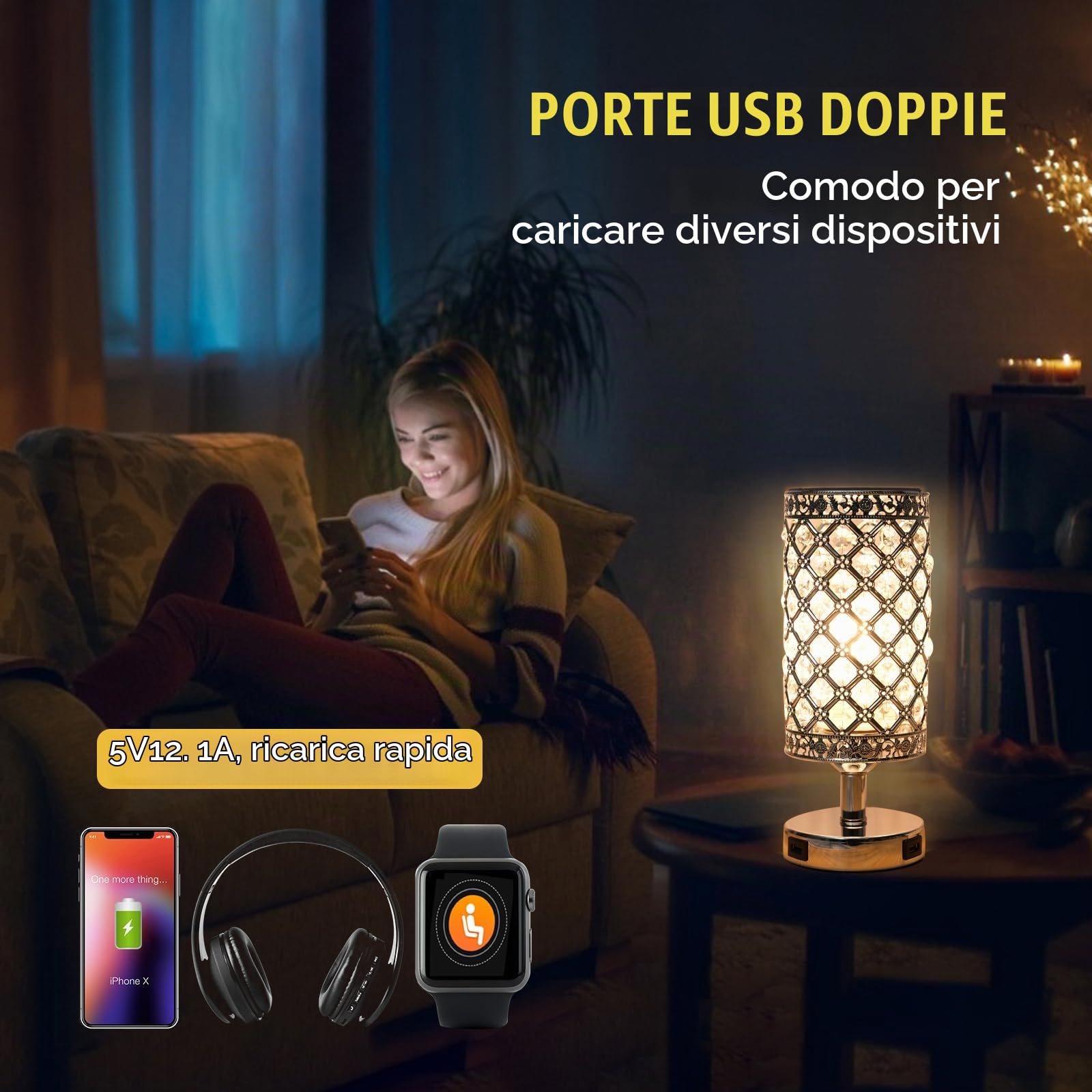 Tomshine Lampada da Comodino in Cristallo 2Pezzi, Lampada da Tavolo con 2 Ricarica USB Tocco di Supporto con 2 Lampadina Per Comodini da Camera da Letto