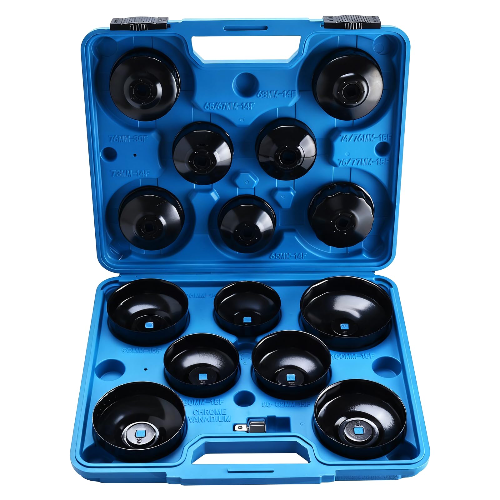 FreeTec 15tlg. Ölfilterschlüssel Set - Universal Ölfilter Kappen Satz (65-100 mm) aus Stahlblech mit 3/8" & 1/2" Adapter - Ölfilter Werkzeug für KFZ Ölwechsel