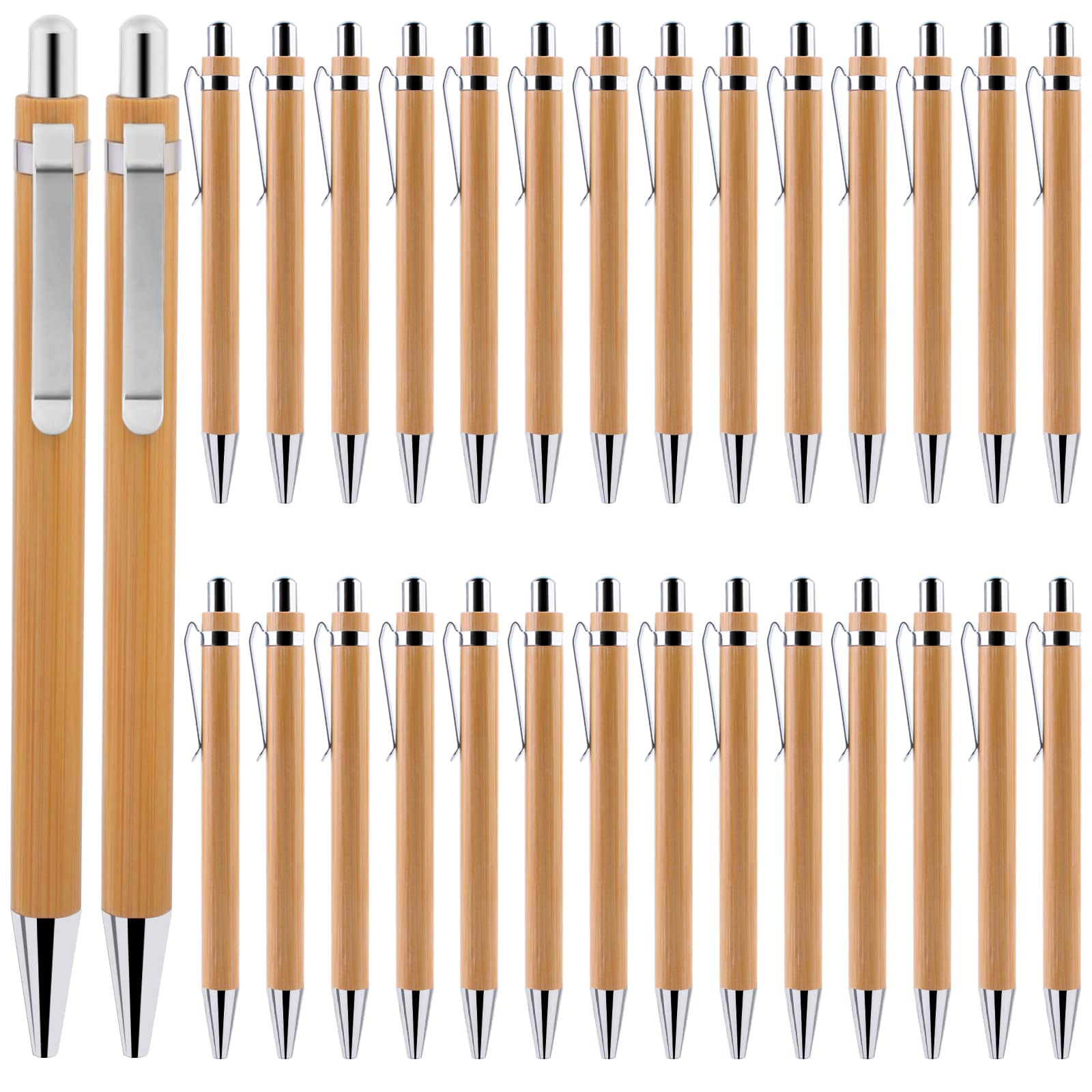 30er Set Bambus-Kugelschreiber – 1,0 Mm Schwarze Mine, Wiederverwendbar, Mit Metallclip