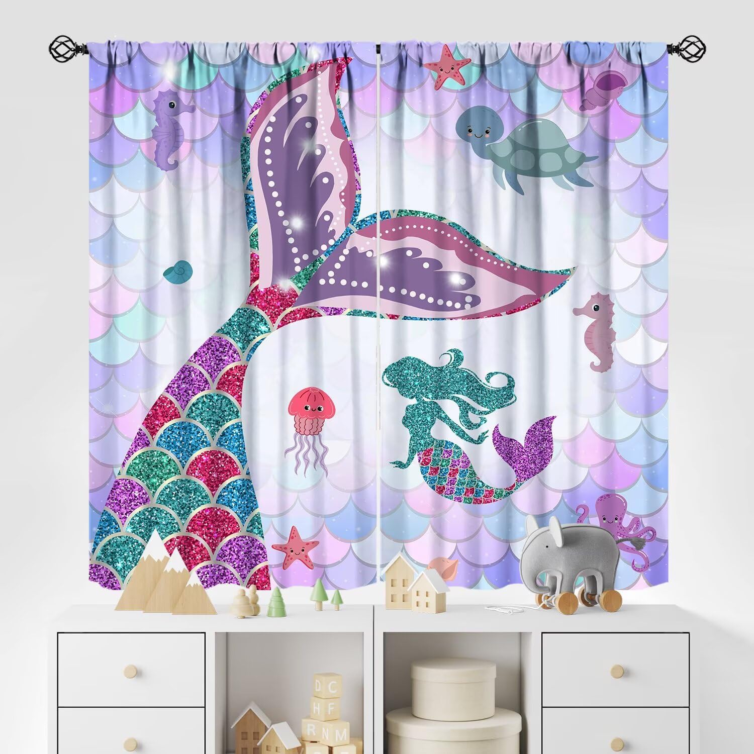 YCness Cartoon Whale Curtains Cute Ocean Animal Blue Gray Abstract Fish Art Printed Blackout Window Drapes for Boys Girls Bedroom Nursery Decor Fabric Set 2 Panel 42x54 Inch 80% Shading Rate