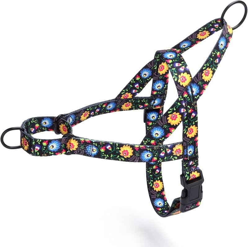 Peitoral tipo cabresto para cães com estampa floral e nylon ajustável Pimaodog, Preto, M