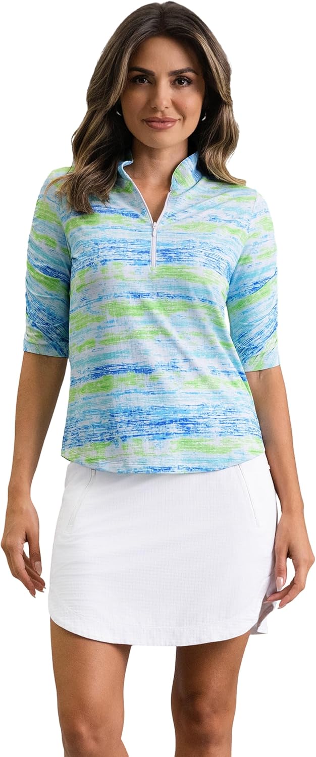 IBKUL Athleisure Wear Sun Protective UPF 50+ Icefil Cooling-Gia Ruched Elbow Sleeve Mandarin Collar Top