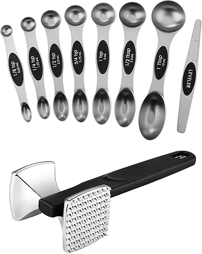 Spring Chef Cucharas medidoras magnéticas de acero inoxidable, juego de 8 y ablandador de carne resistente, color negro, paquete de 2 productos,