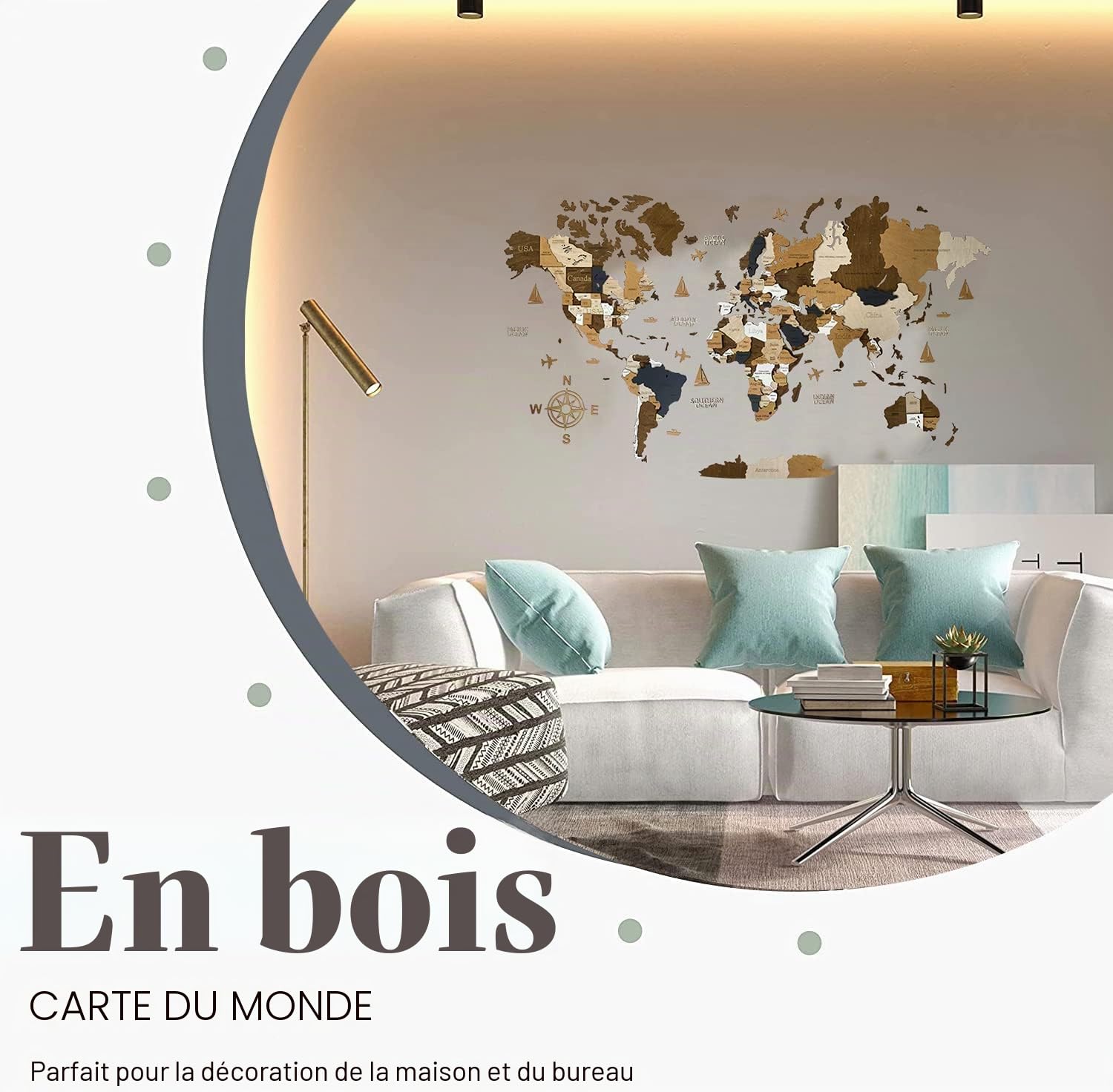 WoodLeo Carte du monde en bois 3D Art Large Wall Decor Taille M L XL Art mural maison cuisine bureau