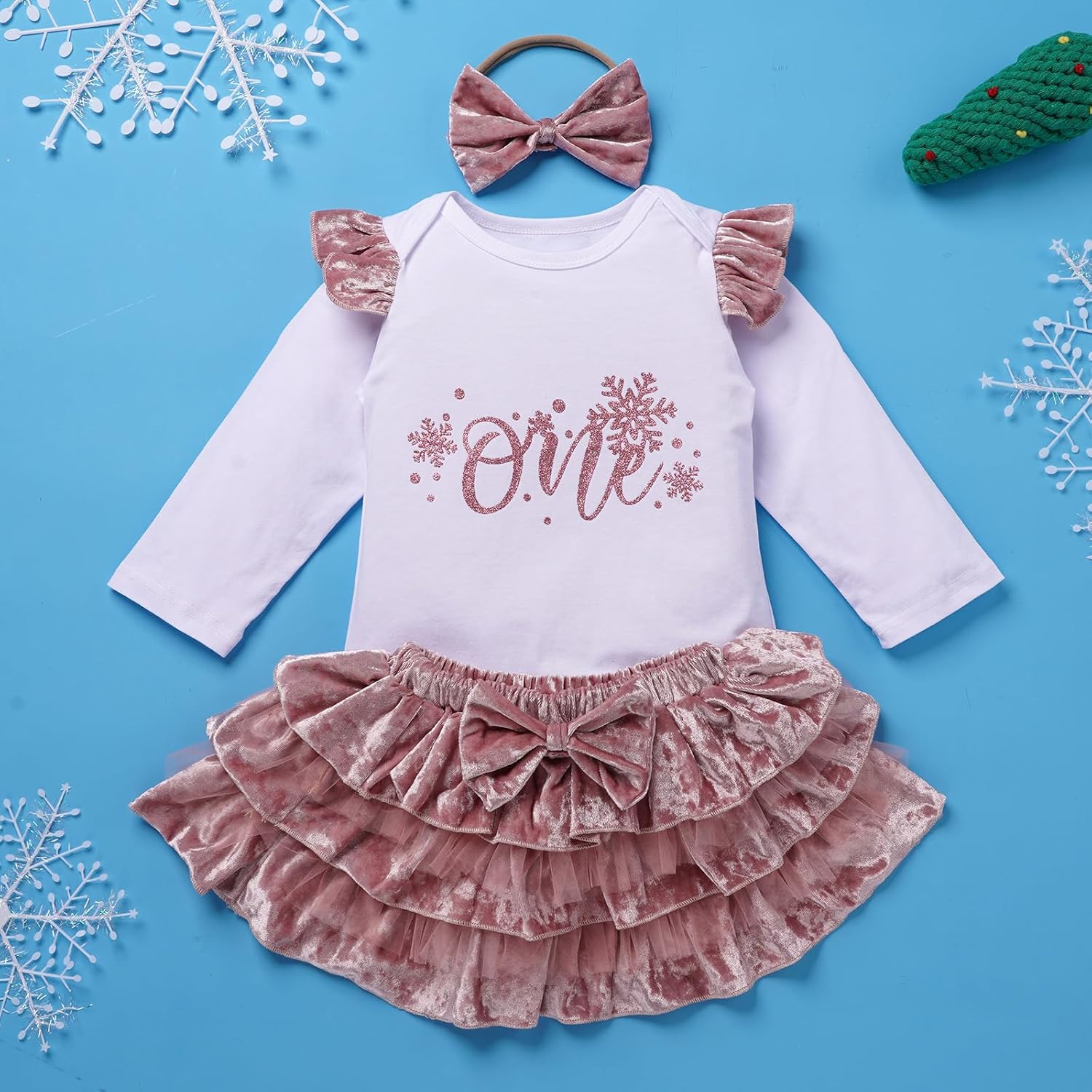 ODASDO Baby Girl Fall Winter 1st Birthday Cake Smash Outfit Cotton Long Sleeve Romper Velvet Skirt Headband Set - Image 2