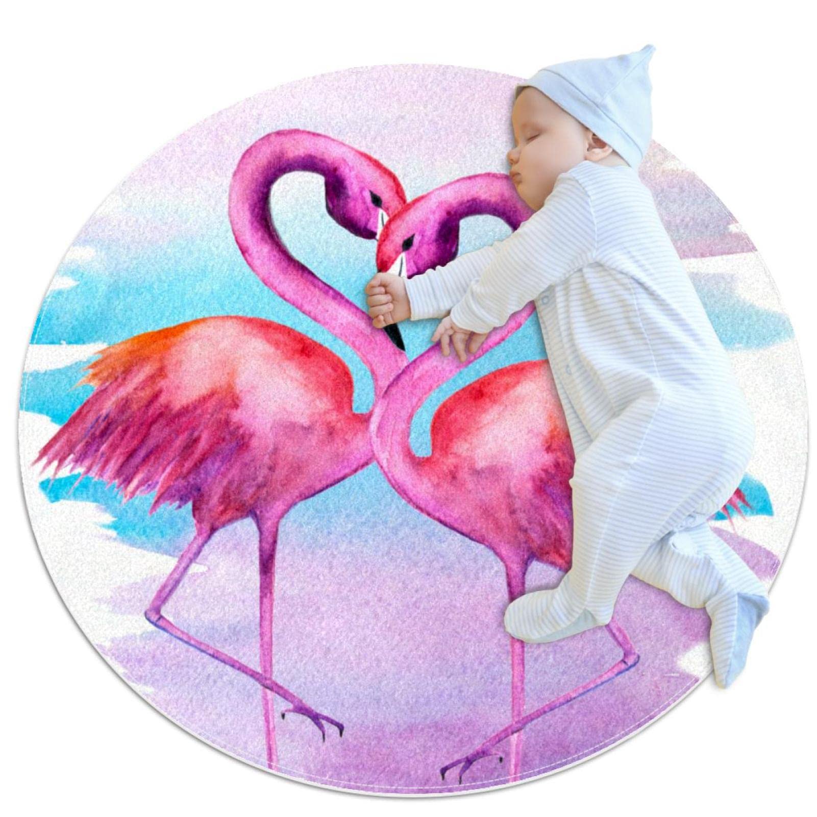 Tapis rond lavable JDEZ flamant rose 100cm antiderapant pour salon