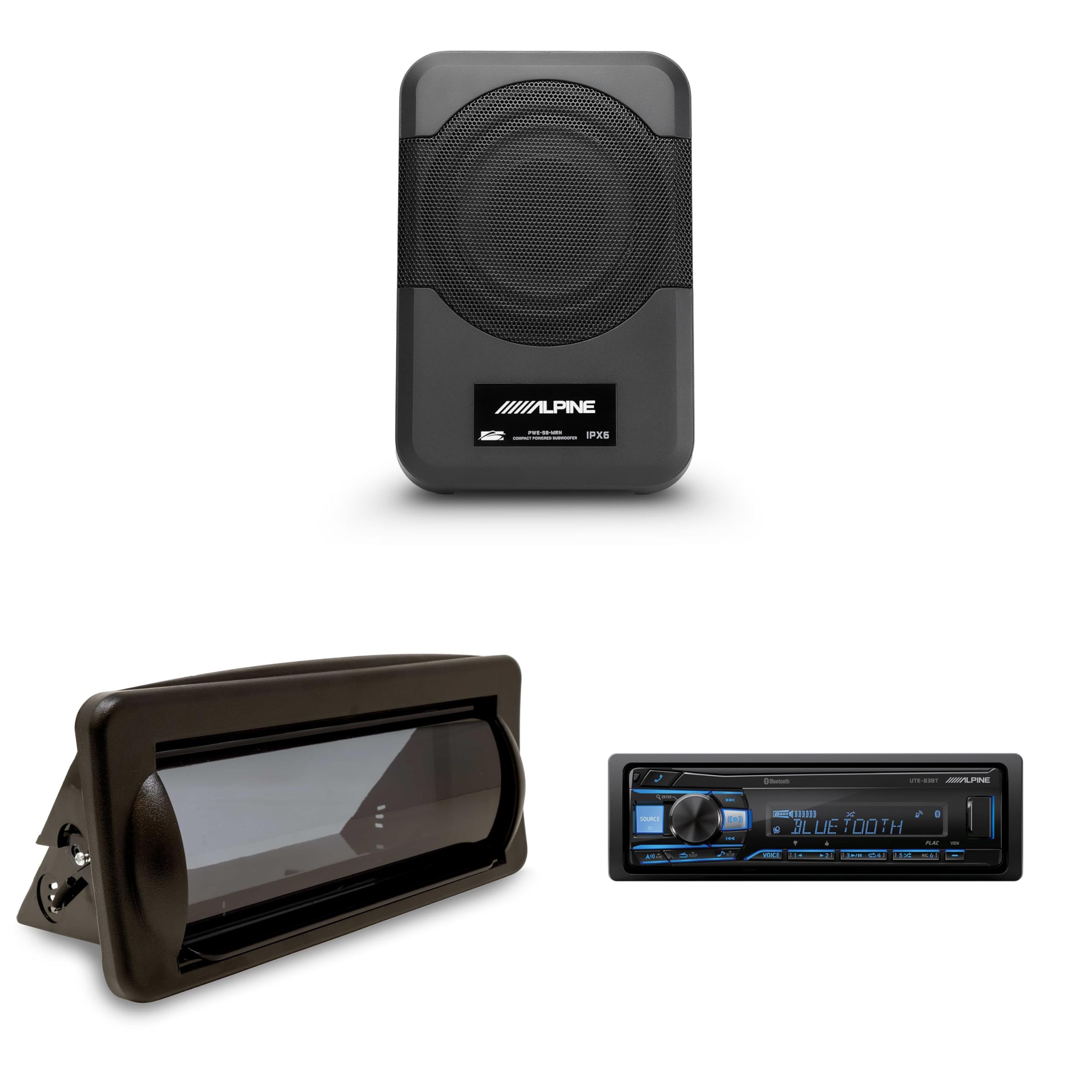 UTE-63BT Bluetooth Marine Radio Kit with CAMC1B Single-DIN Cover & PWE-S8-MRN Compact 8" Powered Marine Subwoofer by Alpine – Model AlpineBDL260609-142