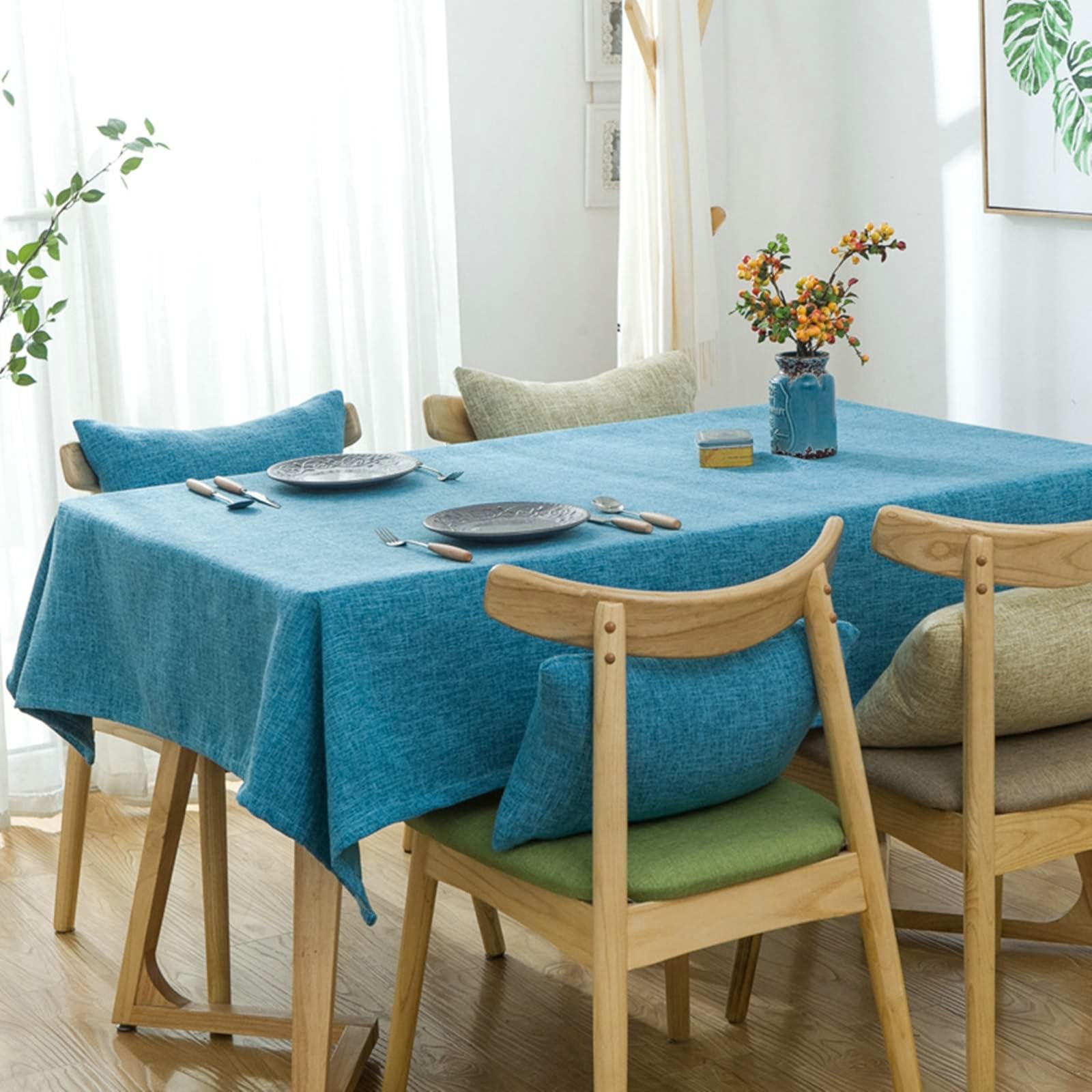 Tischdecke Rechteckig 140x160 cm, Tischdecke Baumwolle Leinen Fleckenschutz 2-4 Personen Himmelblau Tischtücher Hochzeit Deko